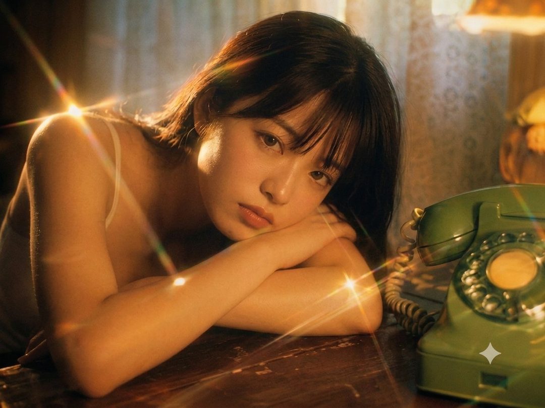 A young woman with long brown hair and bangs rests her head on her arms next to a vintage green telephone, bathed in warm, dreamy light with lens flares.