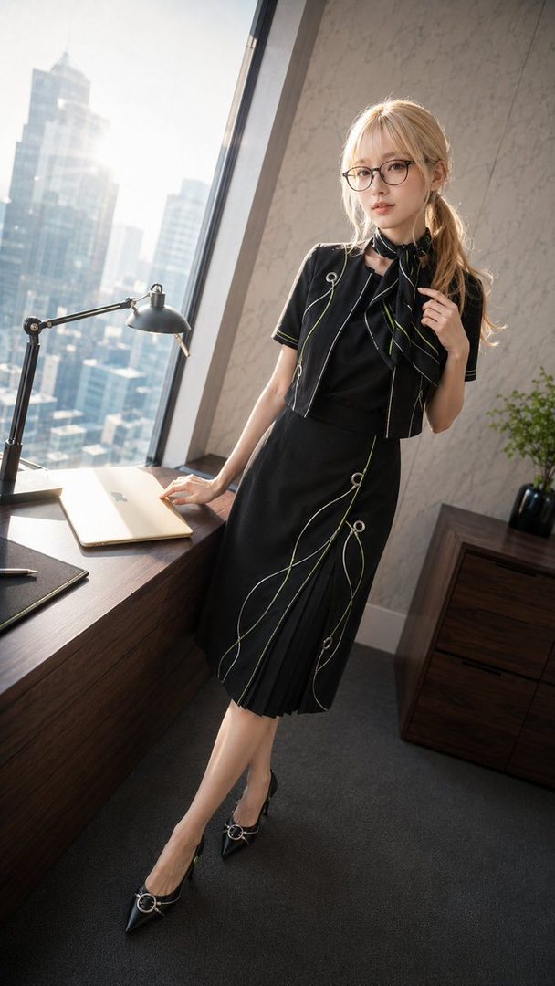 A blonde woman in a black suit with a scarf and glasses stands by a window in a high-rise office, looking at the camera.