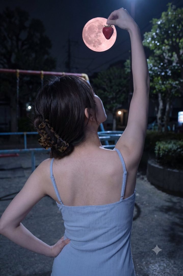 A woman in a light blue dress holds a strawberry up to a pink full moon in a night outdoor setting.