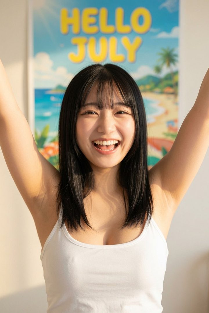 A cheerful young woman with black hair and bangs smiles brightly with her arms raised, wearing a white tank top indoors, with a "Hello July" beach poster in the background.