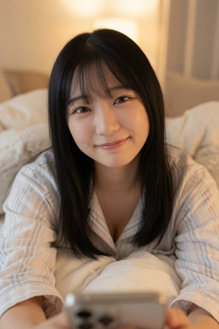 A young woman with long black hair and bangs smiles softly while holding a smartphone in an indoor setting.