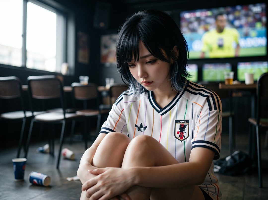 A young woman with short black hair wearing a Japan soccer jersey sits on the floor of a bar, looking down sadly, with a soccer match playing on a TV in the background.