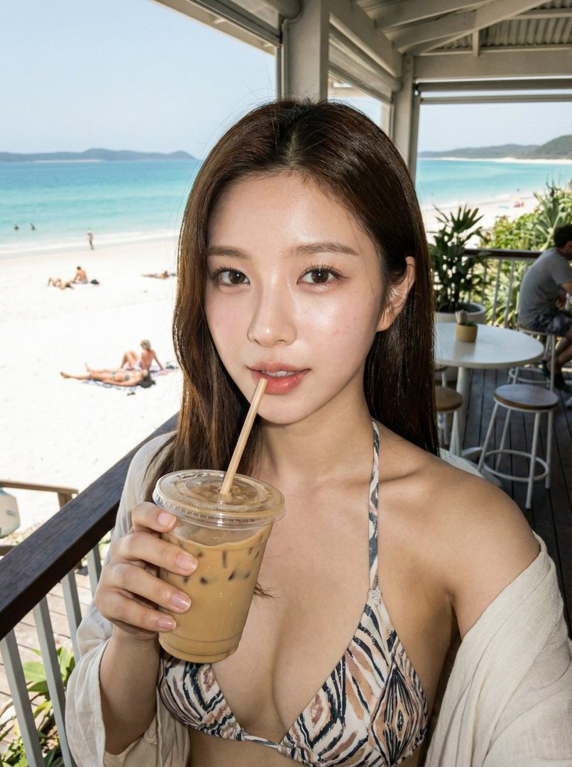 A young woman in a patterned bikini top sips an iced coffee on a balcony overlooking a sunny beach.