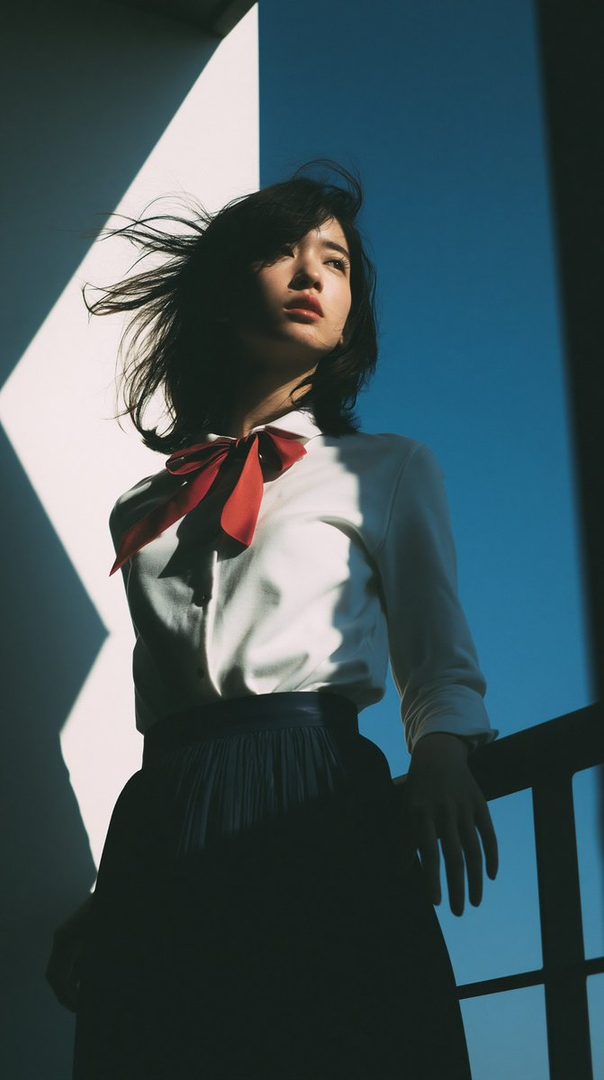 A young woman with short black hair and a red bow tie looks up, bathed in sunlight and shadow against a blue sky.
