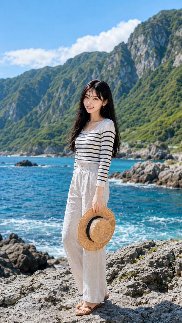 A young woman with long black hair, wearing a striped top and light pants, stands on rocky terrain by the sea with mountains in the background.
