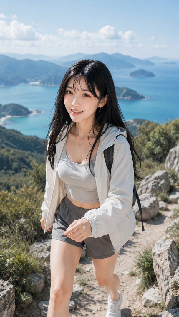 A young woman with long black hair wearing sportswear is hiking on a mountain trail overlooking the ocean on a sunny day.