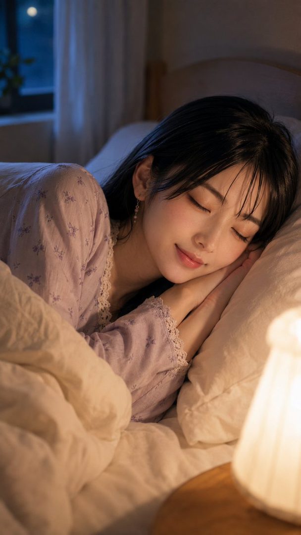 A young woman with black hair and bangs is sleeping peacefully in bed, illuminated by a soft bedside lamp.