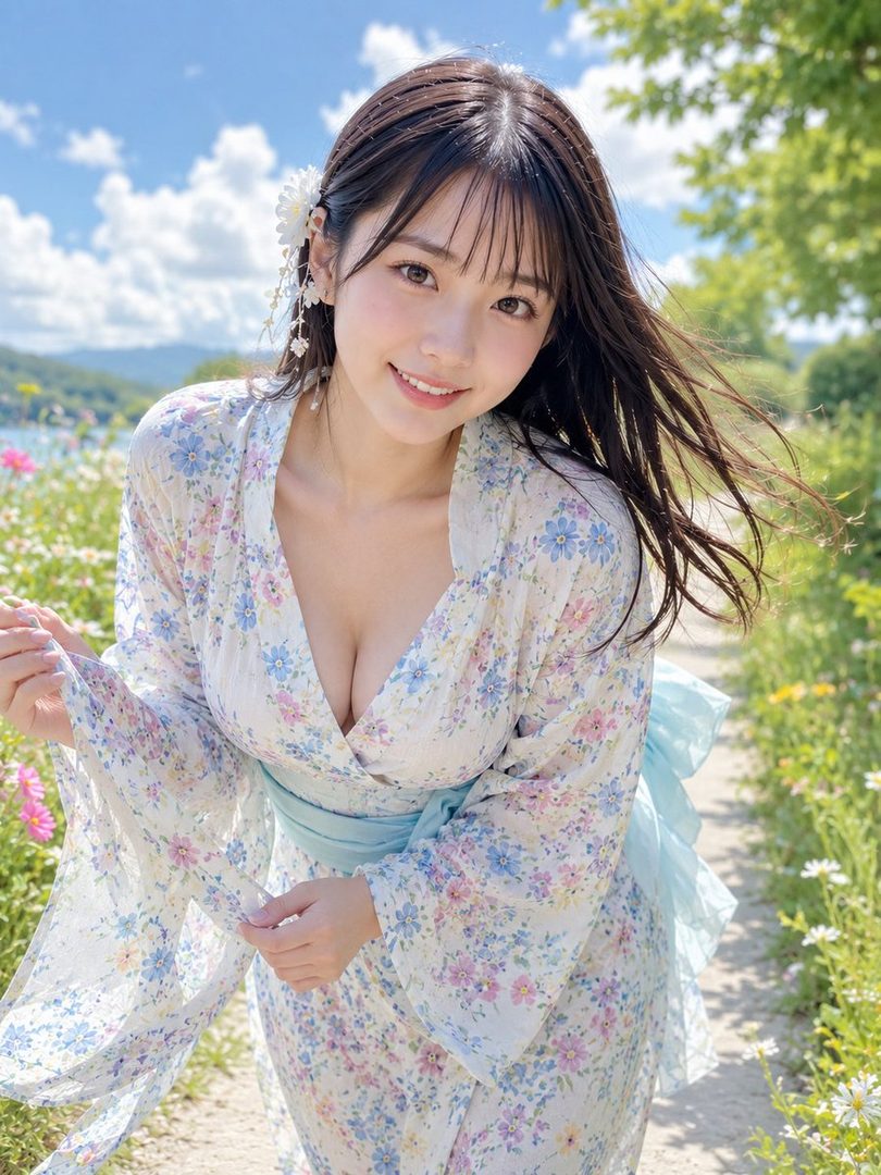 A smiling woman with long dark hair and bangs wears a floral kimono with a light blue obi, standing outdoors in a field of flowers under a blue sky.
