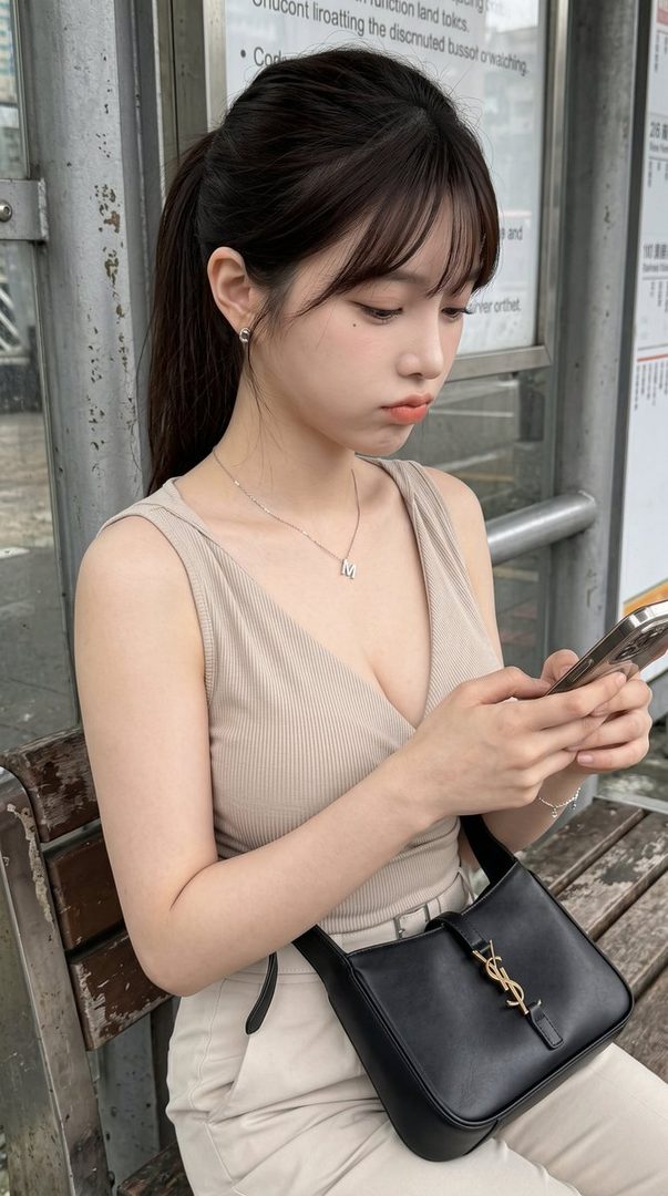 A young woman with black hair tied in a ponytail and bangs, wearing a beige top and light pants, sits on a bench at a bus stop while looking at her phone.