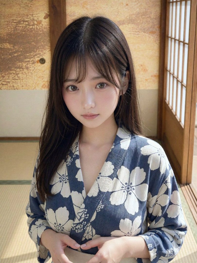 A young woman with long brown hair and bangs wears a blue and white floral yukata indoors, looking gently at the camera.