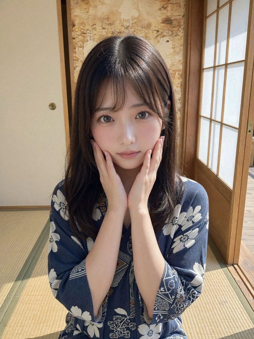A young woman with long brown hair and bangs, wearing a blue yukata with white floral patterns, poses indoors with her hands on her cheeks.