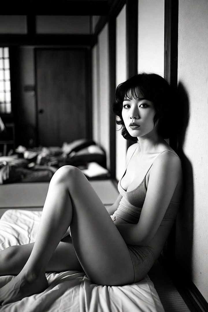 A black and white photorealistic portrait of a woman with short curly black hair, wearing a camisole and underwear, sitting on a futon in a traditional Japanese room.