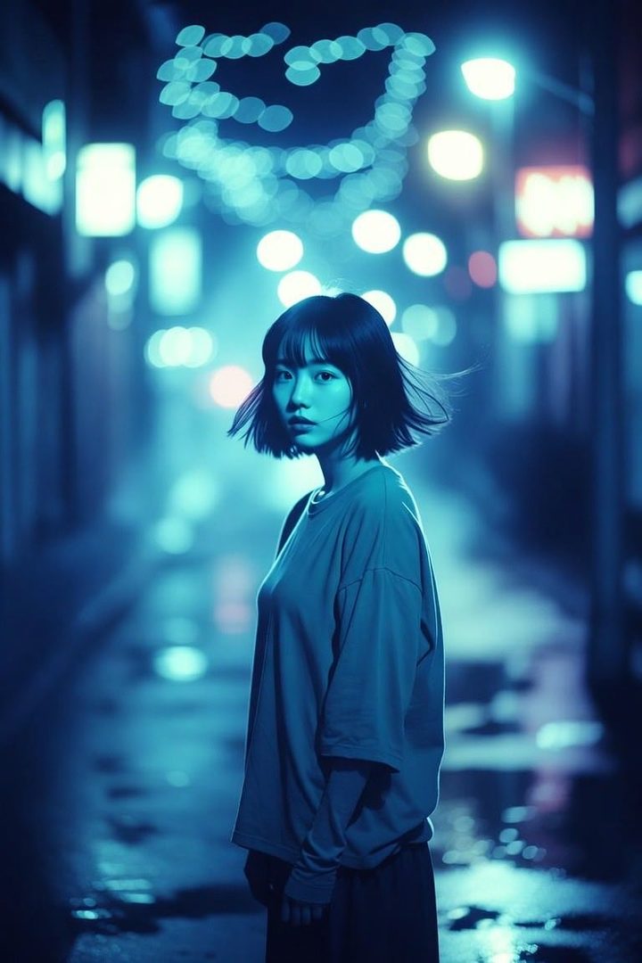 A young woman with short black hair stands on a wet street at night, illuminated by blue streetlights.