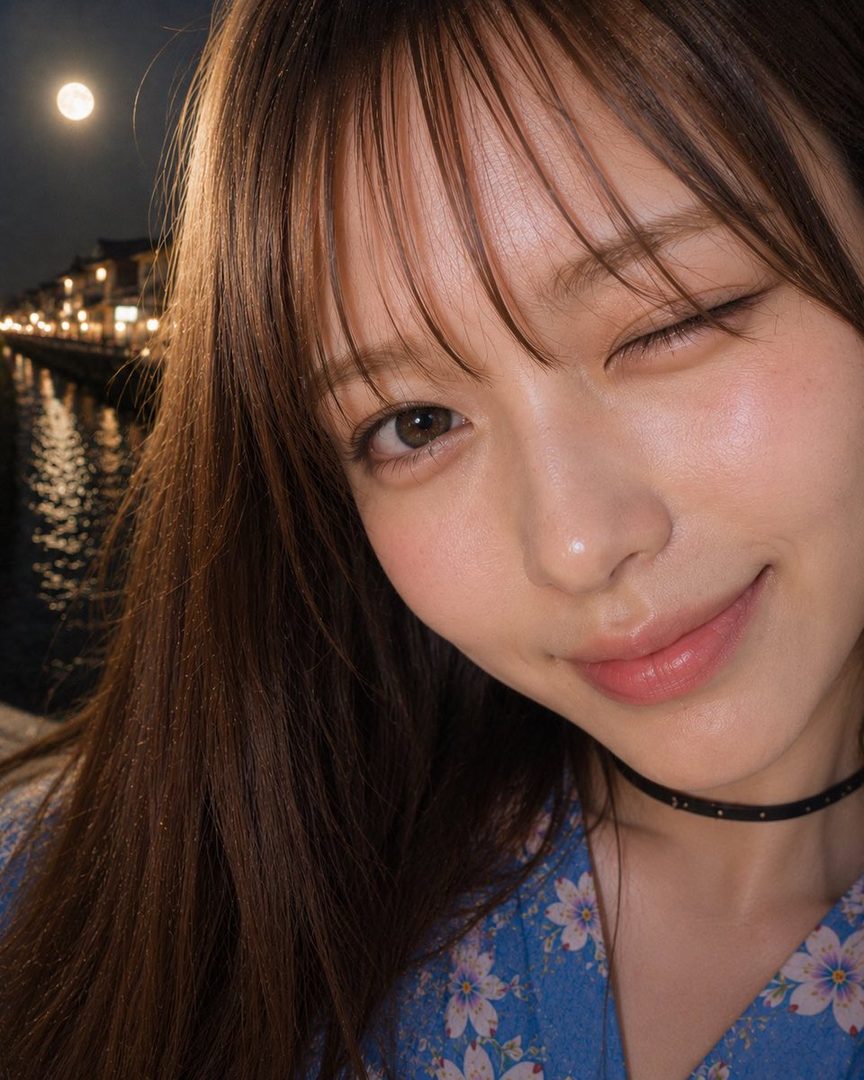 A young woman with long brown hair and bangs winks at the camera, wearing a blue floral dress and a choker, with a full moon and illuminated buildings along a canal in the background at night.