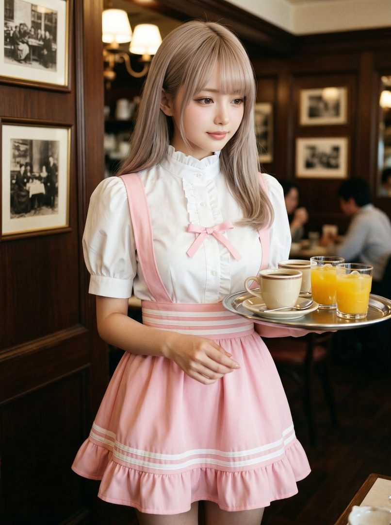 A young woman with ash blonde hair, dressed in a pink and white maid uniform, holds a serving tray with coffee and orange juice in a cafe.