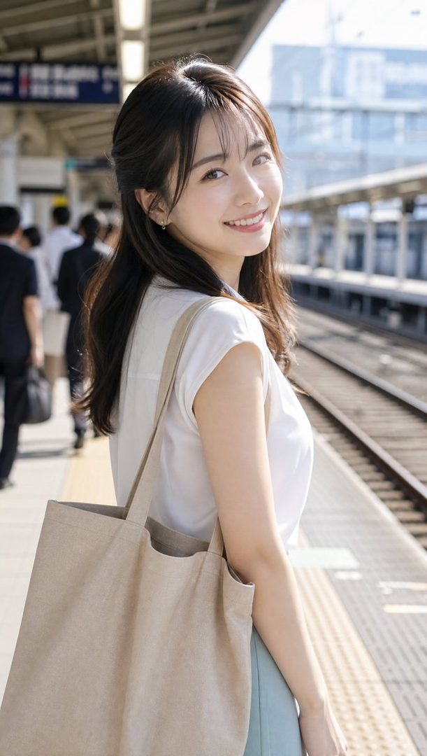 A young woman with long brown hair and a white top smiles at the camera while standing on a train platform.