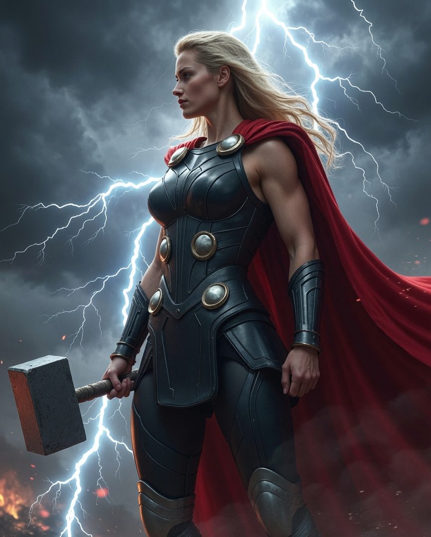 A photorealistic AI-generated image of a female Thor-like character with blonde hair, wearing black armor and a red cape, holding a hammer, against a stormy sky with lightning.