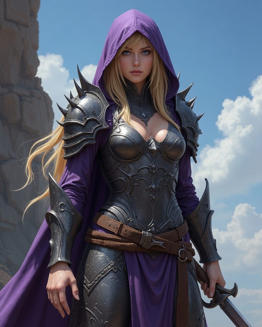 A photorealistic portrait of a blonde woman in fantasy armor with a purple hooded cloak, holding a sword outdoors.