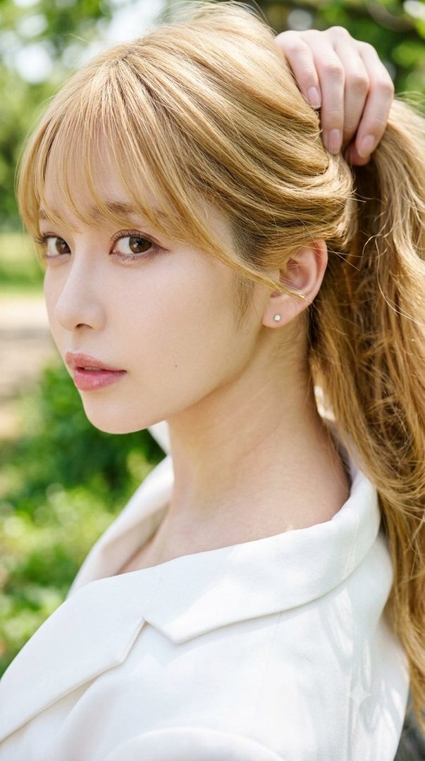 A photorealistic portrait of a woman with blonde hair and bangs, wearing a white blouse, gently holding her hair in an outdoor setting.