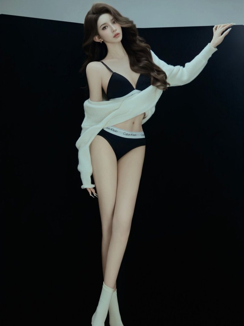 A photorealistic portrait of a woman with long brown hair wearing a black bra and underwear with a white cardigan, posing in a studio against a black background.
