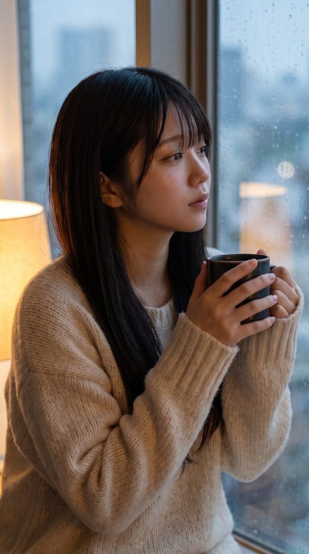 A young woman with long black hair and bangs, wearing a cozy cream sweater, looks out a window on a rainy day while holding a mug.