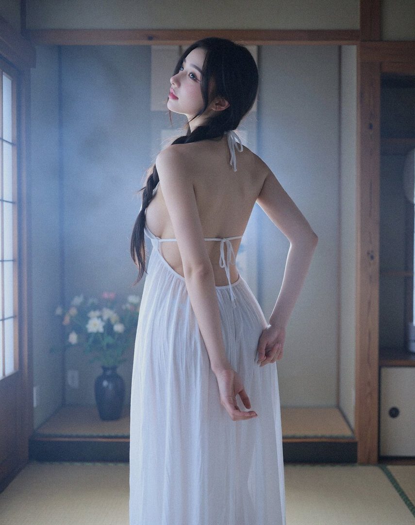 A woman with long black braided hair wears a white backless dress, looking up and away in a softly lit indoor setting.