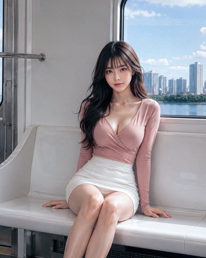 A beautiful woman with long dark hair sits on a train, wearing a pink top and white skirt, with a city skyline visible outside the window.