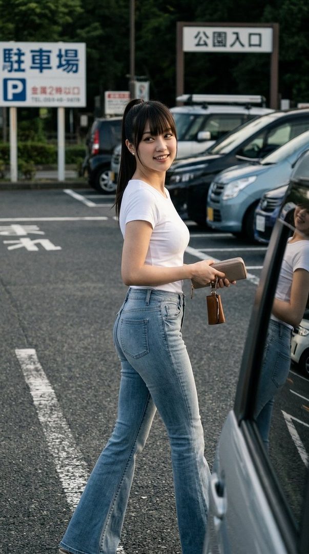 A young woman with black hair in a ponytail and bangs, wearing a white t-shirt and jeans, smiles while walking in a parking lot.