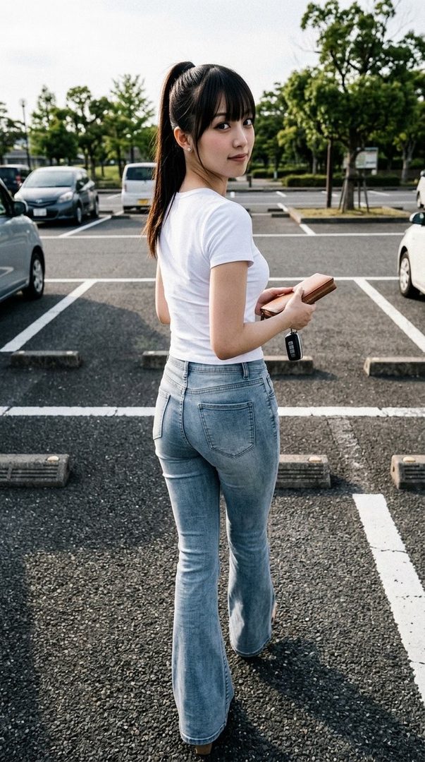 A young woman with black hair in a ponytail and bangs, wearing a white t-shirt and flared jeans, looks back over her shoulder in a parking lot.