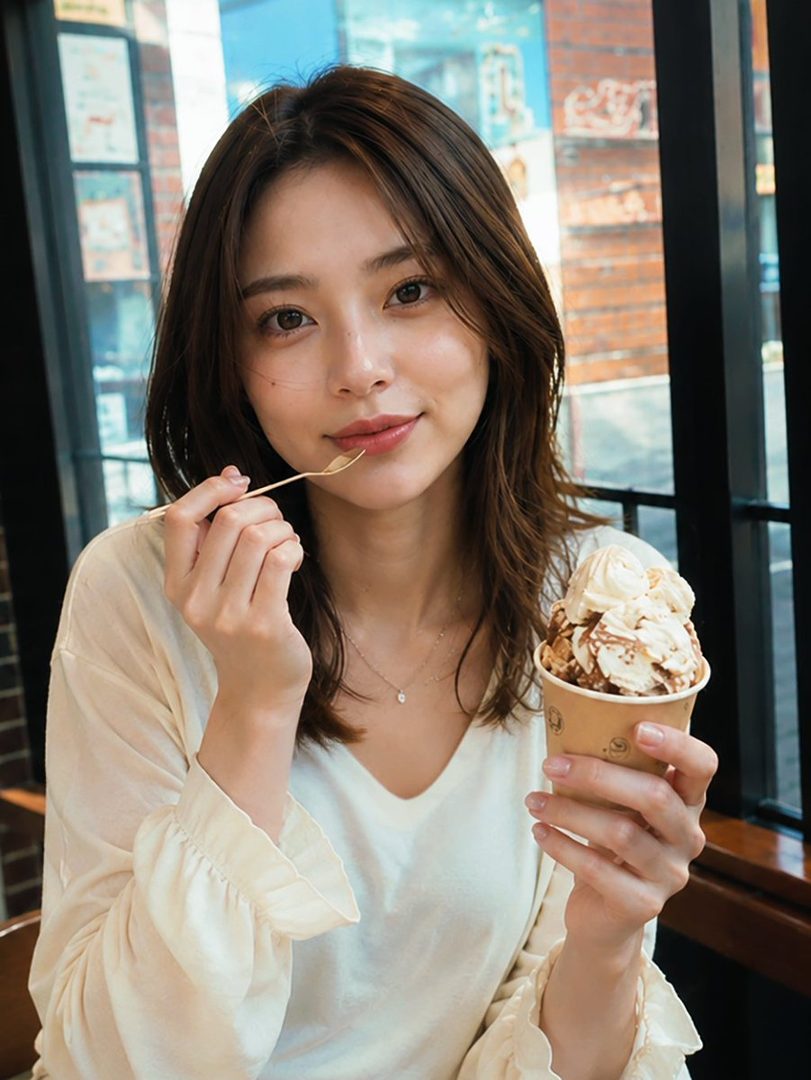A young woman with brown hair is holding a cup of ice cream and a spoon, looking at the camera indoors.