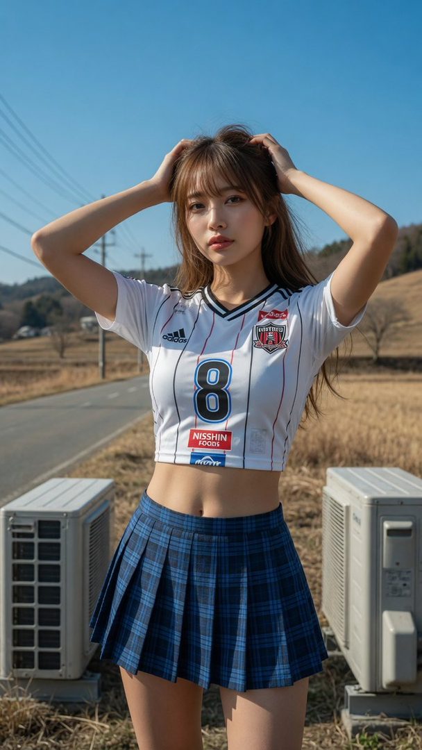 A young East Asian woman in a cropped soccer jersey and plaid mini skirt poses outdoors on a sunny day.