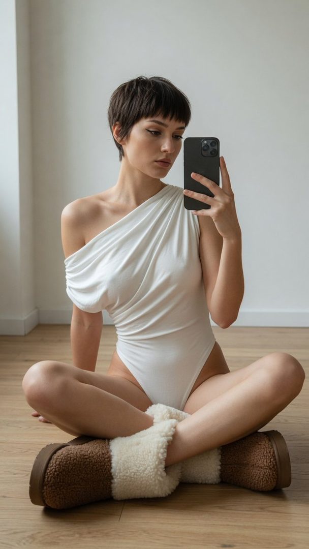 A photorealistic portrait of a young woman with a short brown pixie cut taking a mirror selfie while sitting on a wooden floor in a white one-shoulder bodysuit and shearling boots.