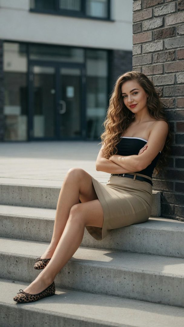 A young woman with long curly brown hair and a strapless top sits on concrete steps, leaning against a brick wall.