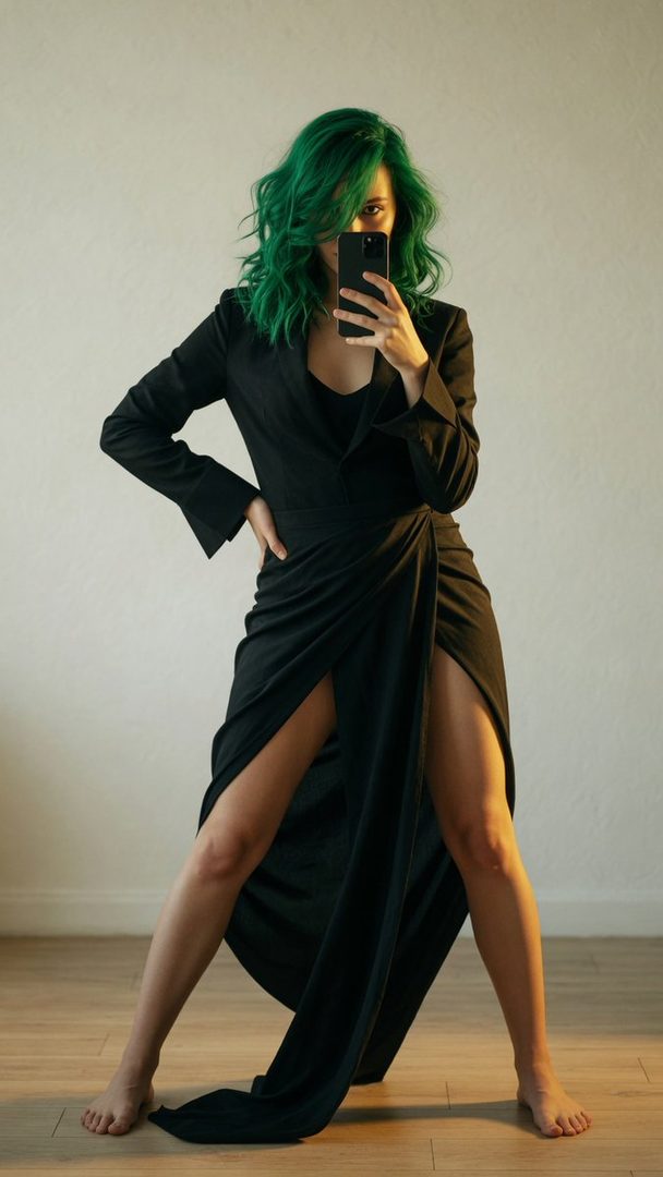 A woman with vibrant green hair takes a mirror selfie, wearing a black blazer and a high-slit black skirt, standing barefoot indoors.