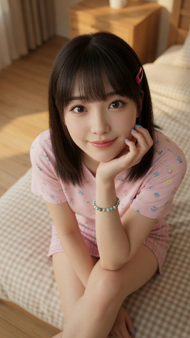A young East Asian woman with short brown hair and bangs, wearing a pink patterned top and plaid shorts, sits on a bed with her hand on her chin, looking at the camera.