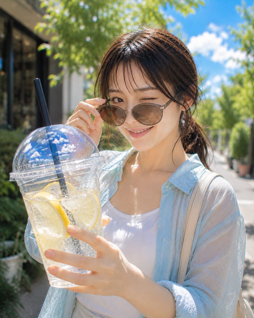 A young woman winks at the camera while holding a large cup of lemonade on a sunny street.