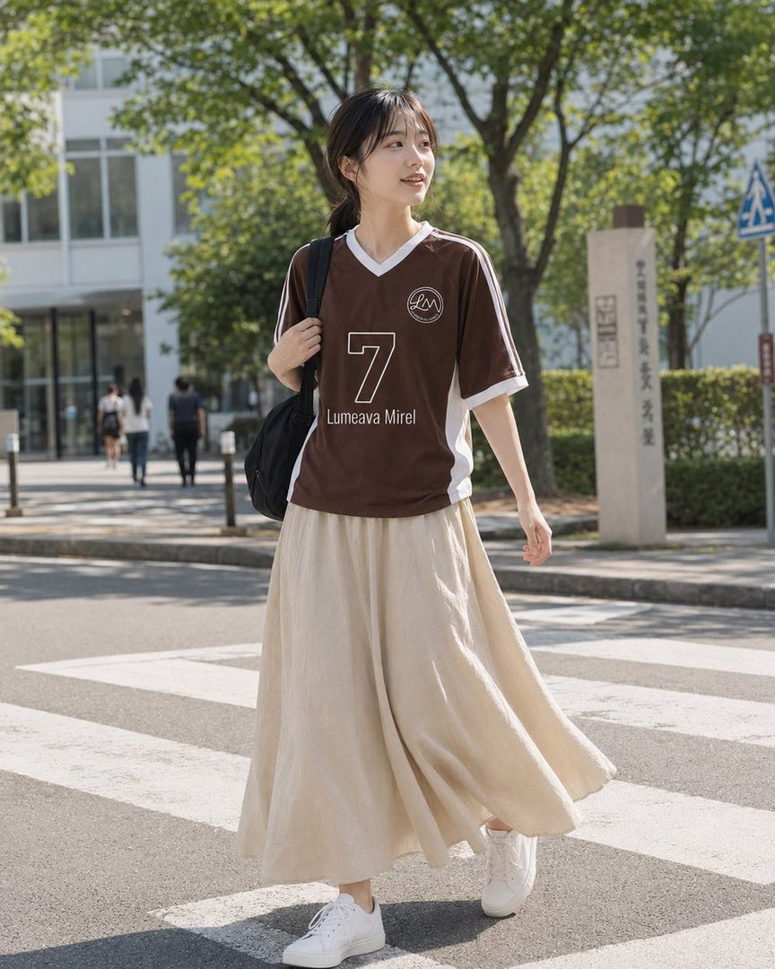 A young woman with black hair wearing a brown and white sports jersey and a long beige skirt walks across a crosswalk on a sunny day.