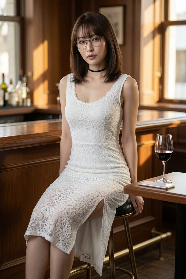 A photorealistic image of a Japanese woman in a white lace dress and glasses, sitting at a bar with a glass of red wine.