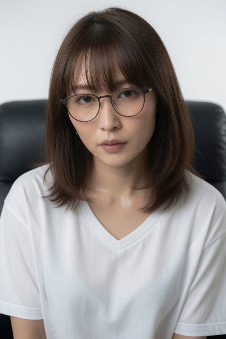 A photorealistic portrait of a Japanese woman with short brown hair and bangs, wearing glasses and a white V-neck t-shirt, looking directly at the camera.