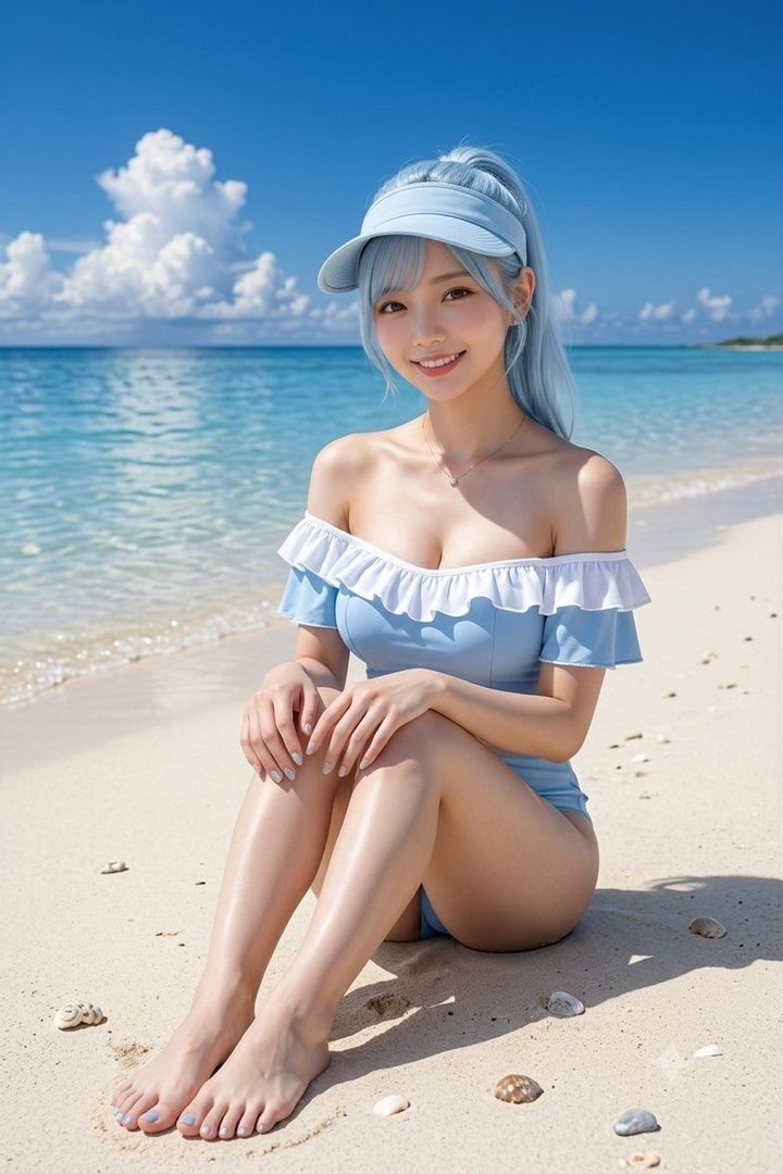 A young woman with blue hair and a blue visor sits on a sandy beach wearing a light blue ruffled swimsuit, smiling at the camera with the ocean and blue sky in the background.