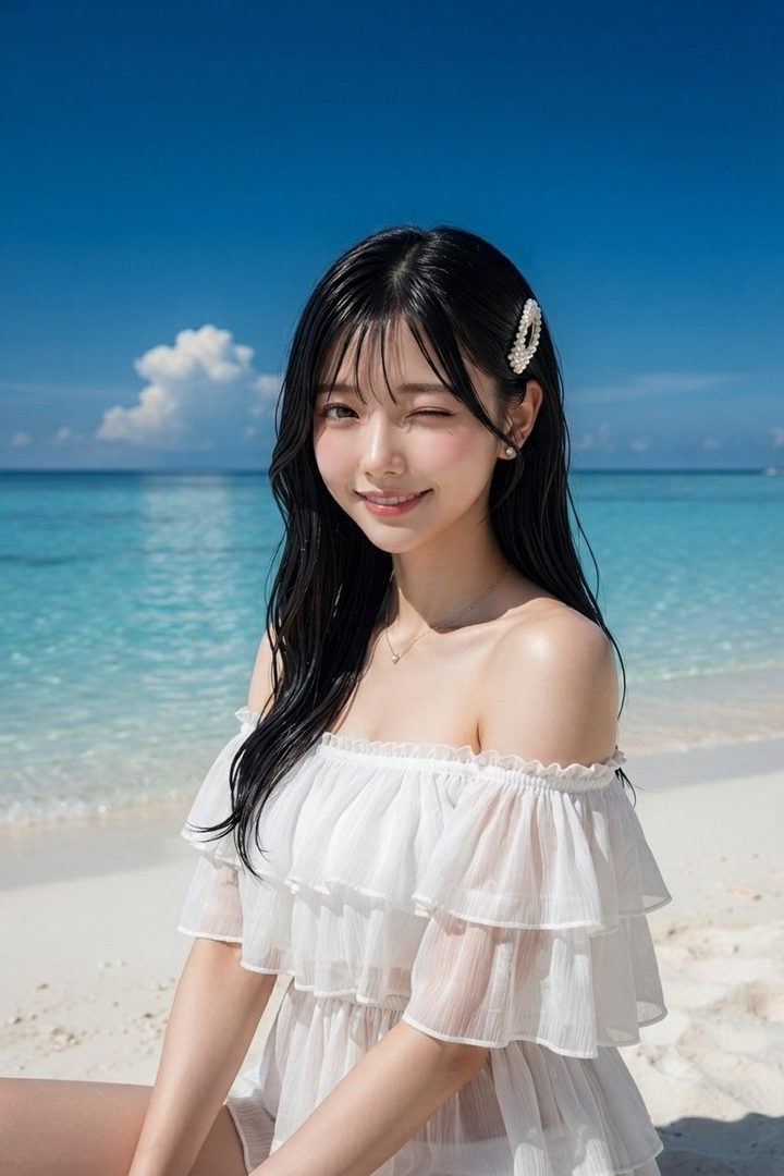 A young woman with long black hair and a white off-shoulder dress winks at the camera on a sunny beach.