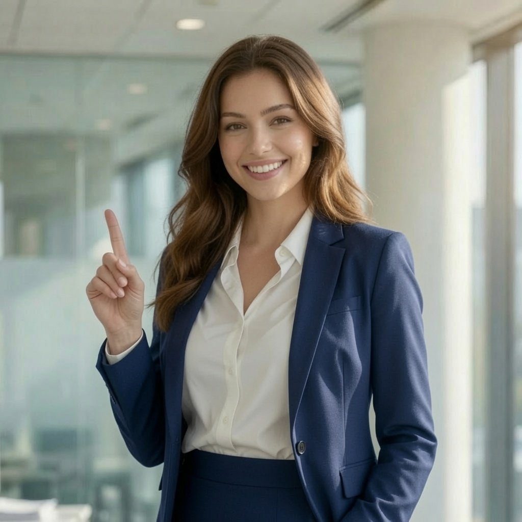 A smiling woman in a blue business suit points her finger upwards in an office setting.