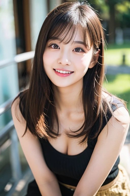 A smiling young woman with long brown hair and bangs wears a black top outdoors on a sunny day.