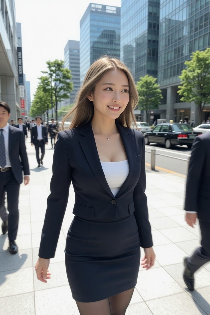 A young woman in a business suit smiles while walking on a city street with office buildings in the background.