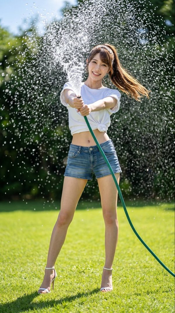 A young woman with brown hair in a ponytail smiles while spraying water from a hose in a sunny outdoor setting.