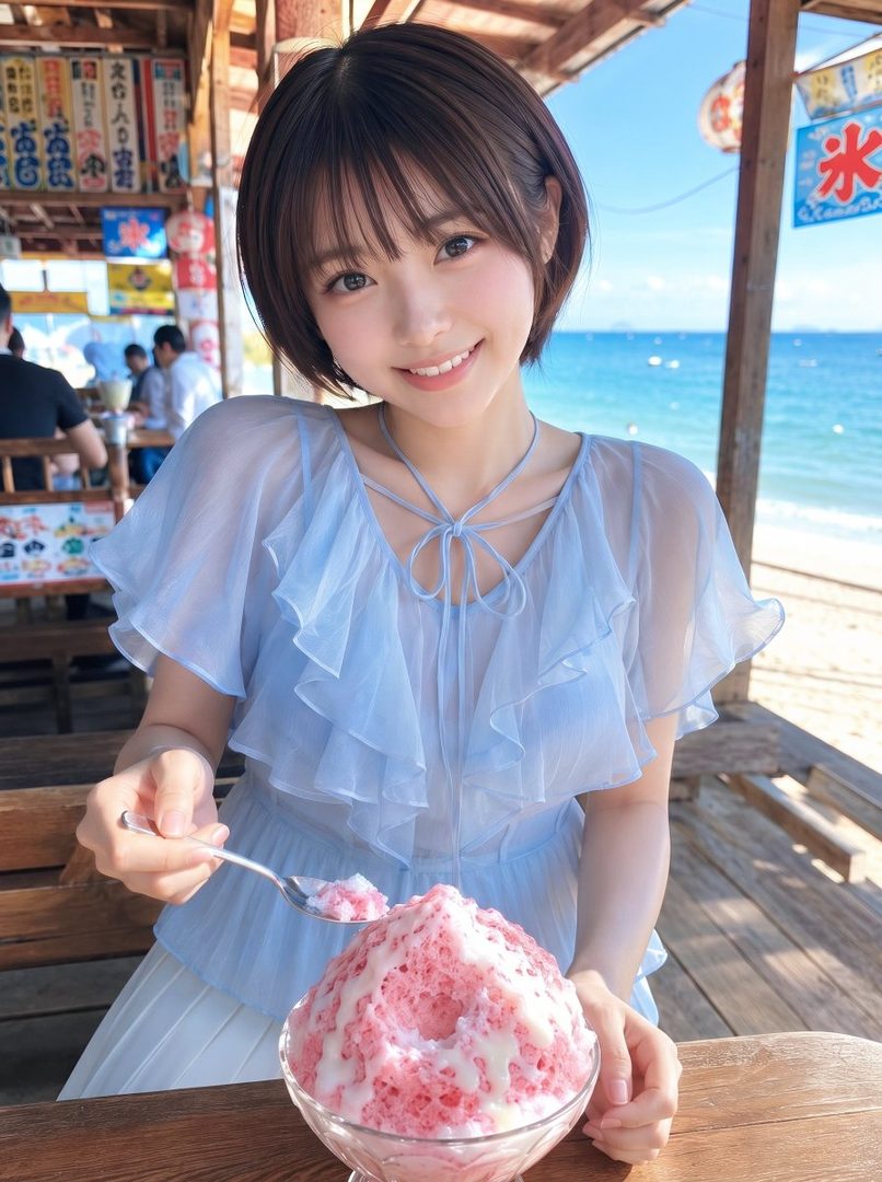 A smiling young woman with short brown hair is sitting at a table by the beach, eating a bowl of pink shaved ice.