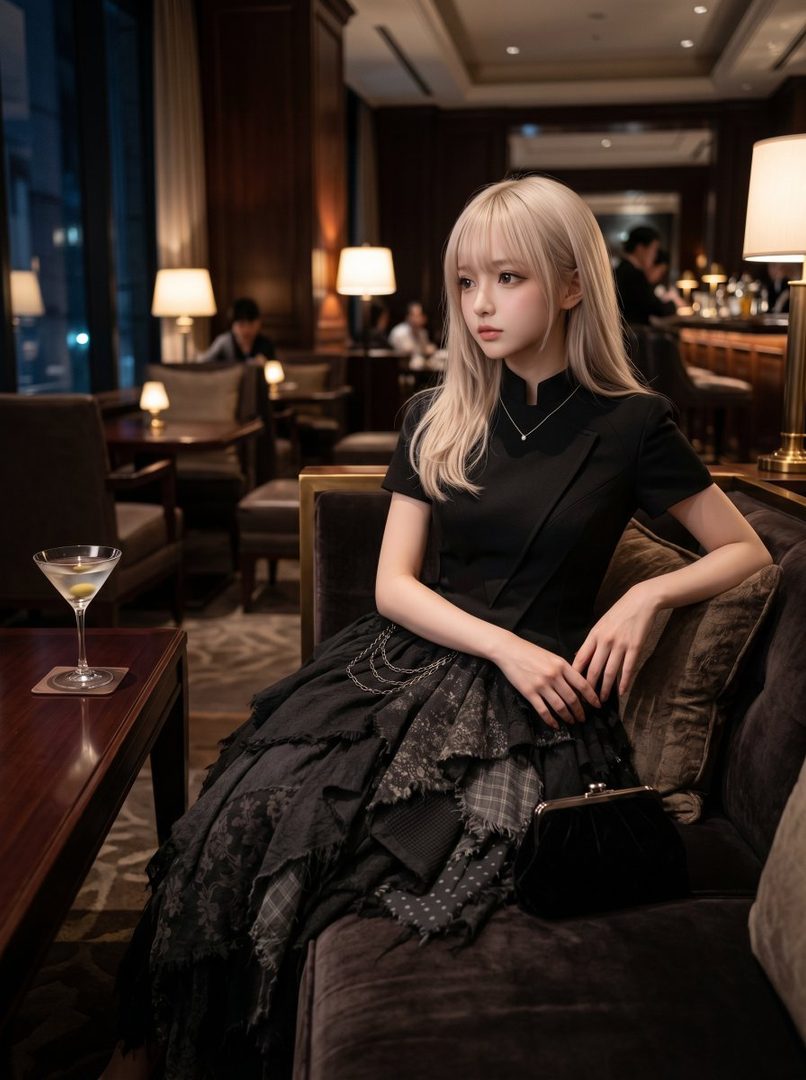 A young woman with long blonde hair and bangs, wearing a black gothic lolita dress, sits elegantly in a dimly lit hotel lounge with a martini on a nearby table.