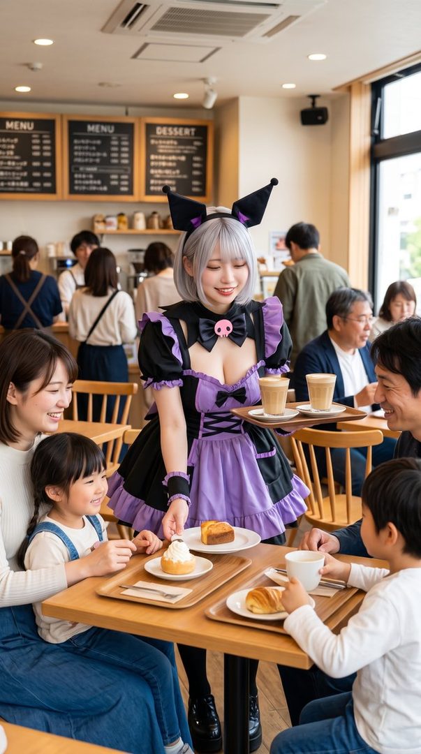 A woman in a Kuromi-themed maid cosplay serves desserts to a family with children in a bright cafe.