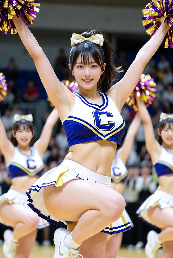 A photorealistic image of a Japanese cheerleader in a blue and white uniform with pom-poms, smiling and posing with her arms raised.