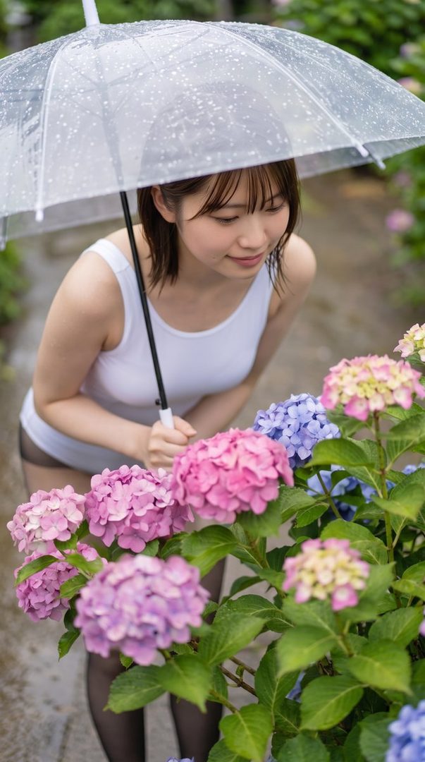A young woman in a white swimsuit holds a clear umbrella while looking at pink and purple hydrangeas in the rain.